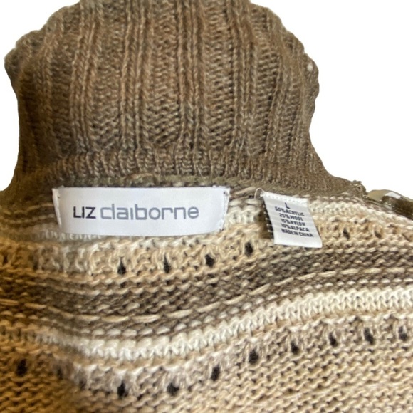 Liz Claiborne L knit cardigan alpaca wool neutral earthy tone striped open front - Picture 7 of 8